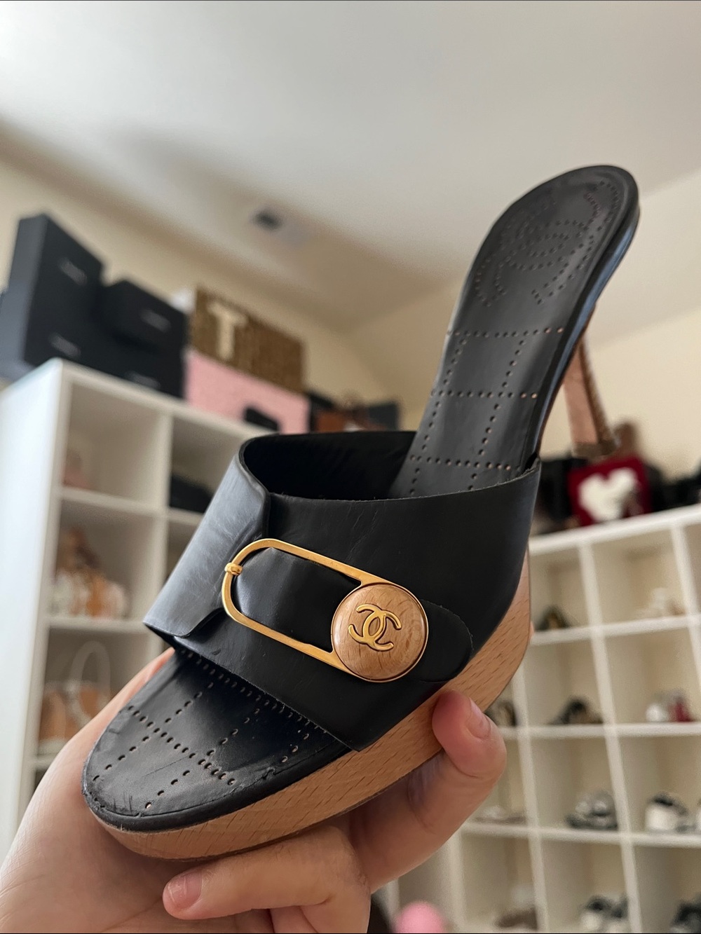 CHANEL Black Leather Sandals with Gold Accent